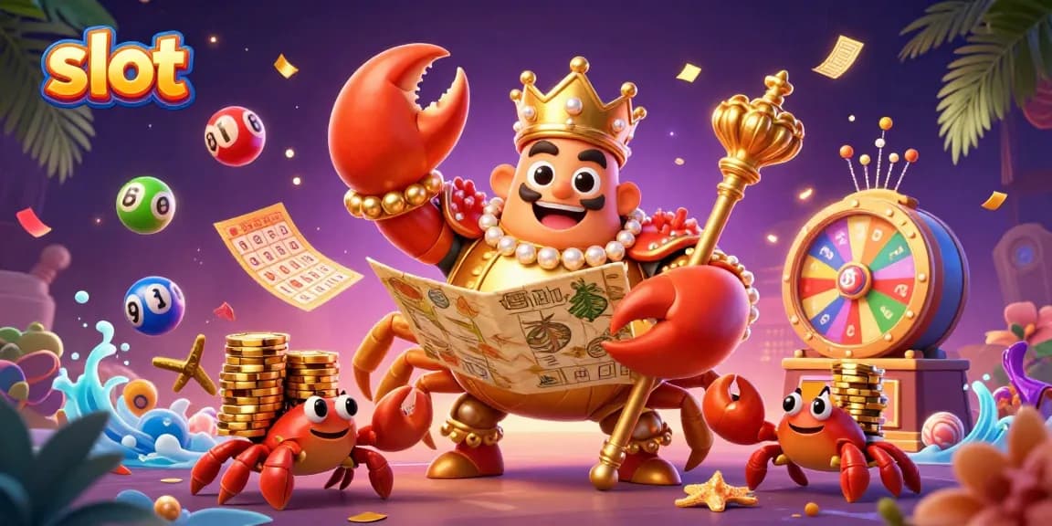 Slot yang menarik dengan kepiting emas dan elemen permainan yang berwarna-warni.