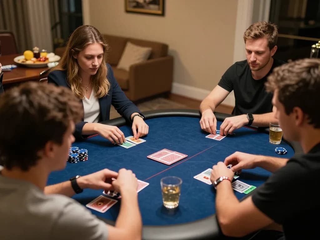 Players engaged in strategic poker gameplay while enjoying game rikvip at a cozy home gathering.