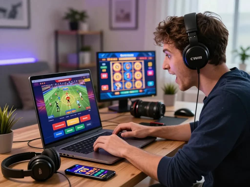 Engaging player immersed in online gambling experience with CWIN platform on laptop in modern home office setting.