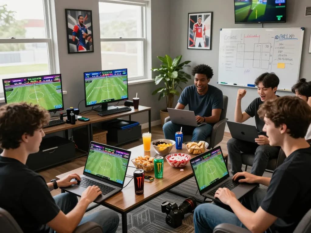 Exciting group of players enjoying sports betting experience at tv88 Trang chủ, surrounded by sports memorabilia and live game stats.