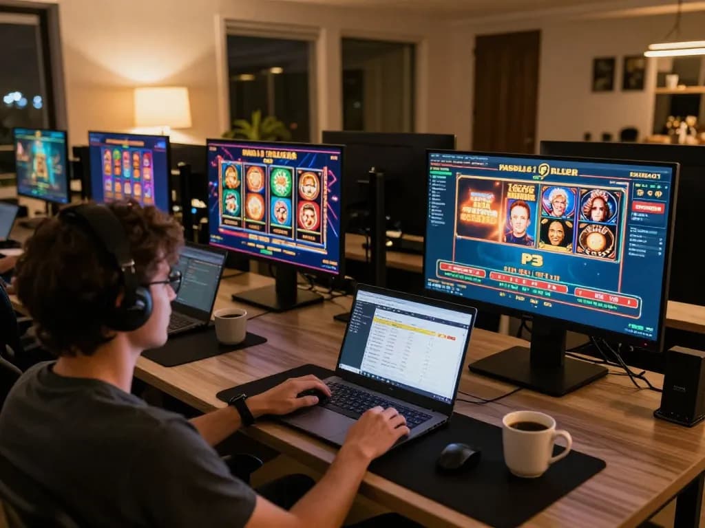 Engaged player using P3 online gaming platform on multiple screens, showcasing vibrant casino games.