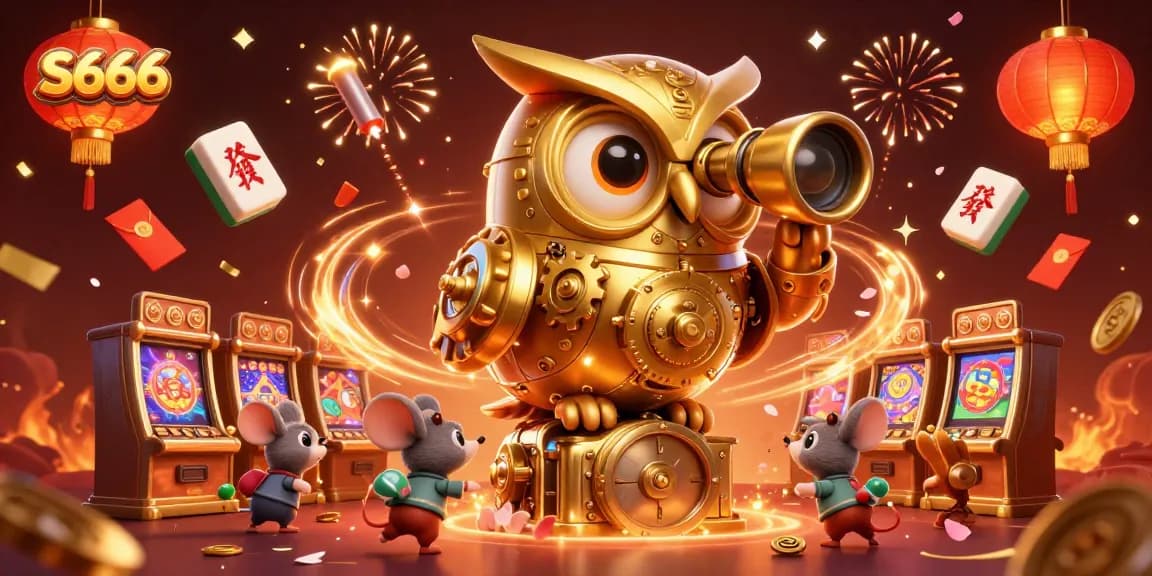 Experience thrilling action at S666, featuring an intricate scene with a golden owl scanning slot machines and festive decorations.