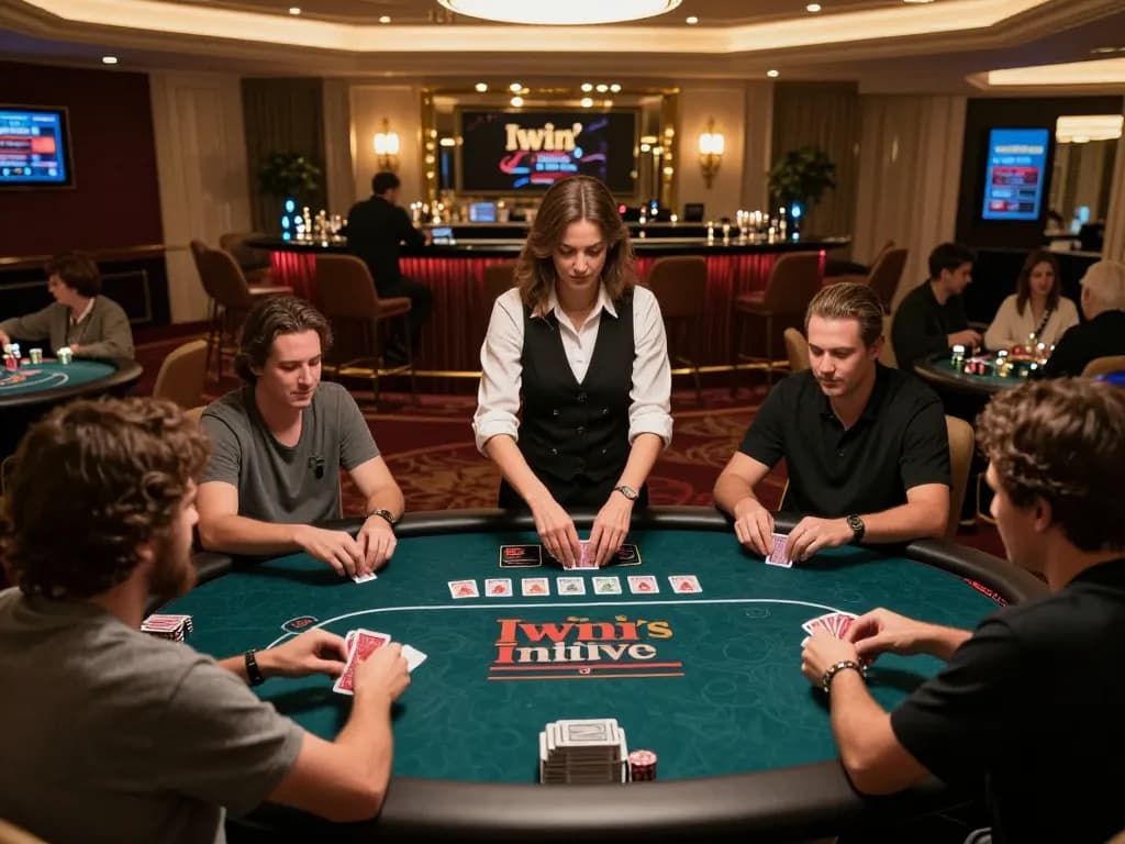 Iwin players enjoy an exciting live casino game at an upscale poker table