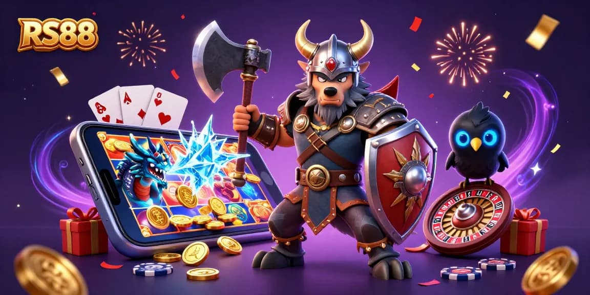 RS88 showcases a thrilling casino scene with a Viking wolf, dragon, and vibrant game elements.