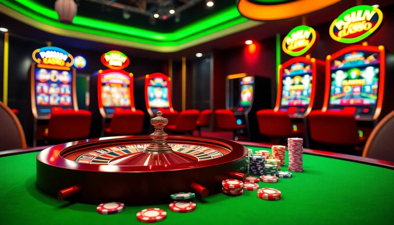 Engage in thrilling gaming at BL555 with a vibrant casino atmosphere featuring roulette, poker chips, and slot machines.