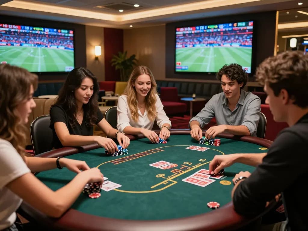 Thrilling gaming experience with friends at 79King casino poker table, vibrant ambiance and live sports.