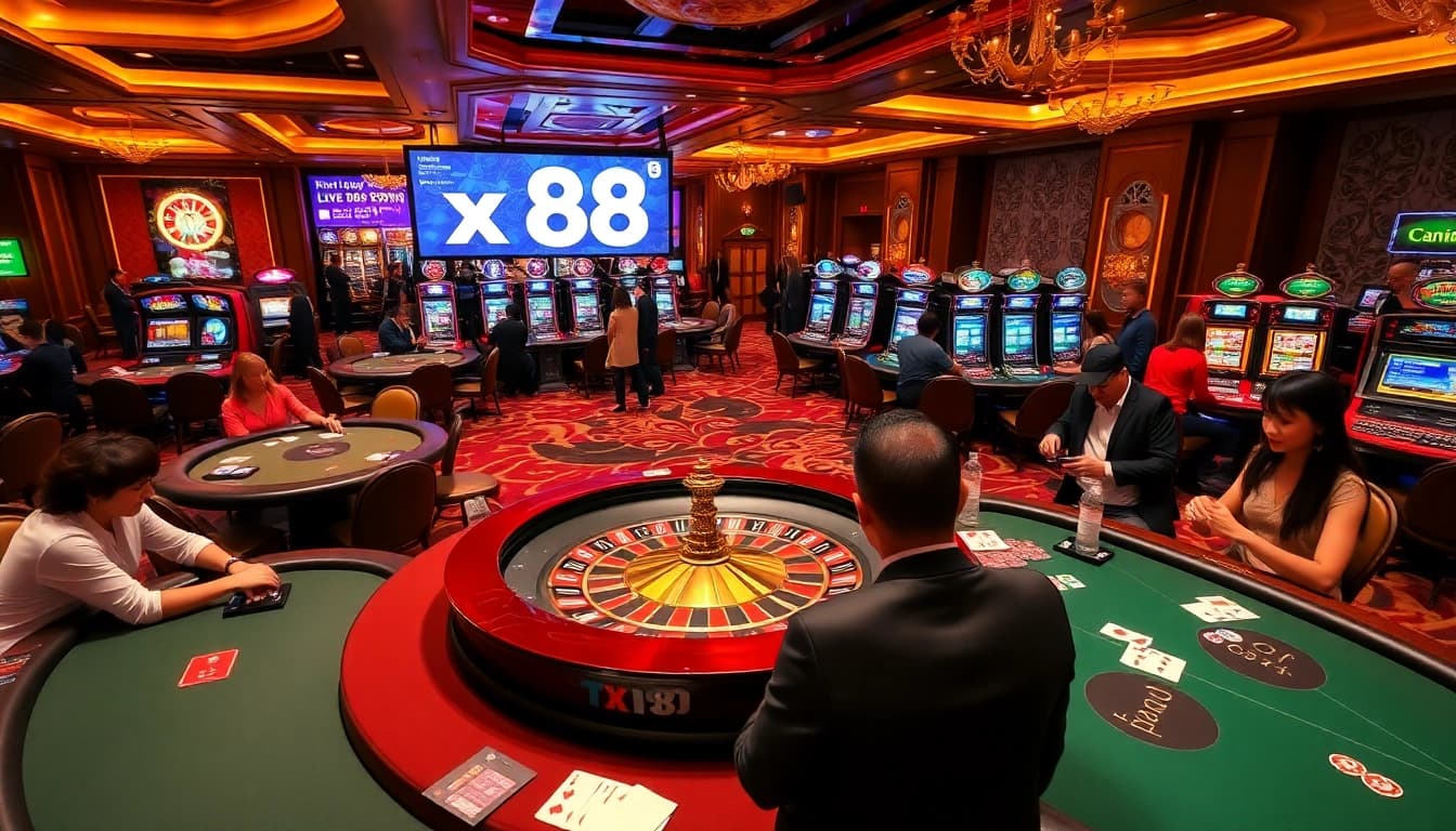 Gambling table with vibrant x 88 branding, showcasing an exciting poker game atmosphere.