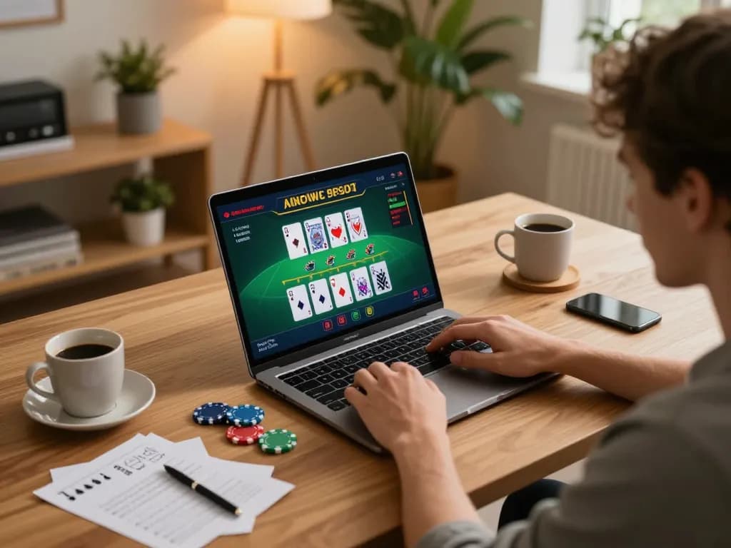 Player enjoying a thrilling online blackjack game with 789 stakes in a cozy home office setting