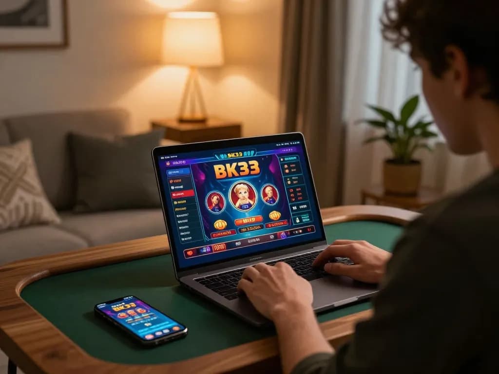 Engaging player enjoying BK33 online gaming experience at home with laptop and mobile app.