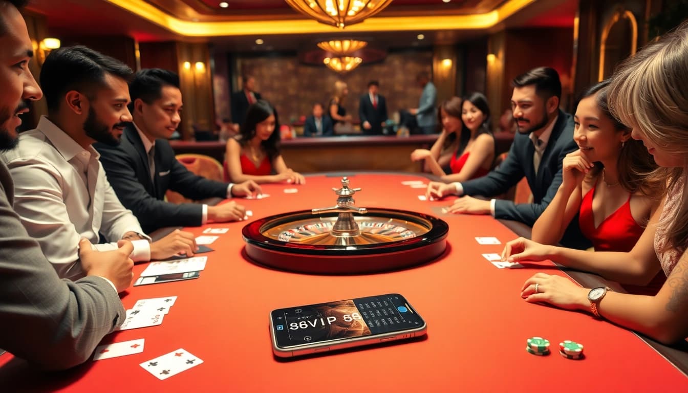 Players enjoying exciting gameplay at a luxurious 68VIP casino table with cards and chips.