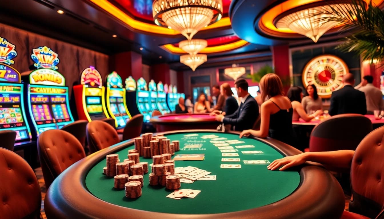 Nohu-themed casino scene showcasing poker tables, vibrant slot machines, and casino excitement.