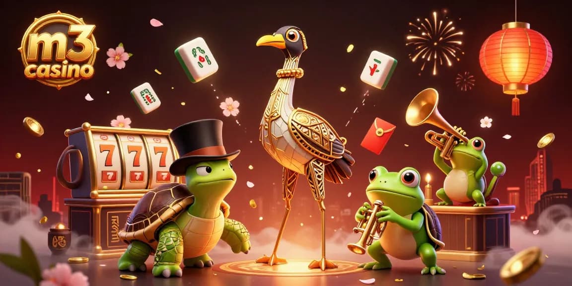 Experience action at m3 casino with a vibrant 3D illustration of lively characters and engaging game elements.