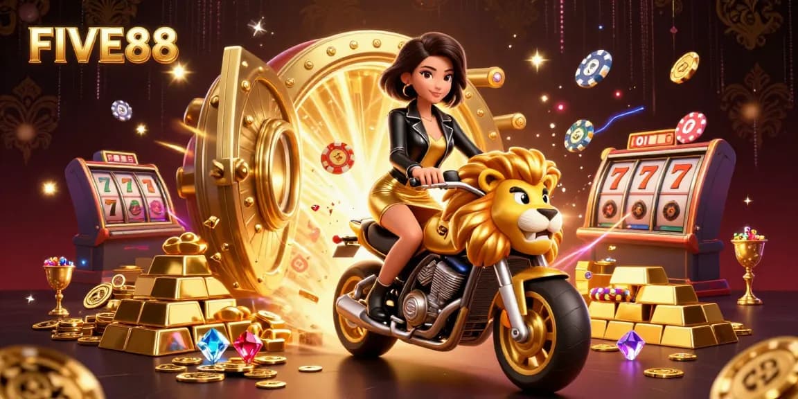 FIVE88 casino experience with an Asian woman riding a golden lion amidst treasures and neon lights.