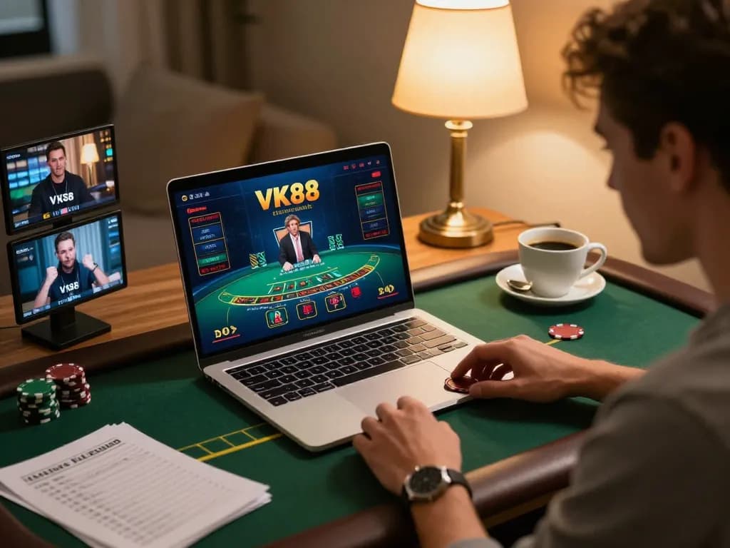 Player strategizing at VK88's online blackjack table, warm home environment