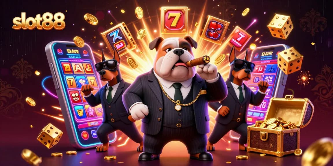 Main slot88 jackpot scene menyajikan bulldog mafia dengan bodyguard dan mesin slot penuh kemenangan