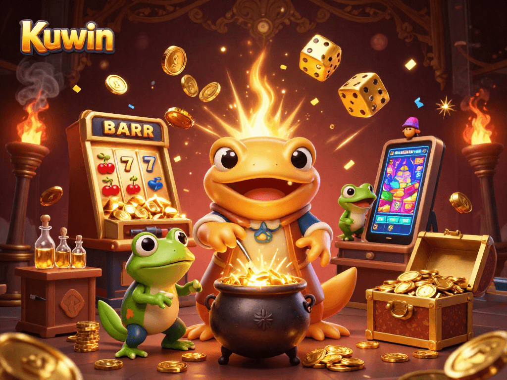 Kuwin casino scene featuring a golden salamander alchemist transmuting metals into coins amid slot machine chaos and vibrant game elements.