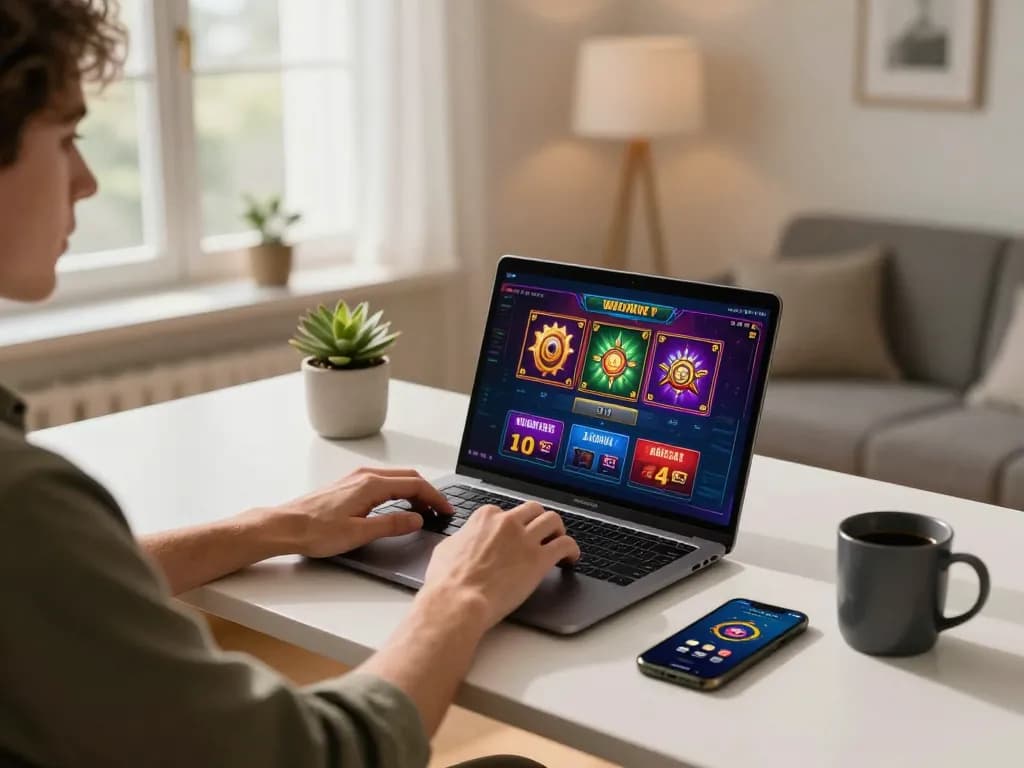 The player engages with ushimitsusoft online slots on a laptop, enjoying the gaming experience in a comfortable home environment.