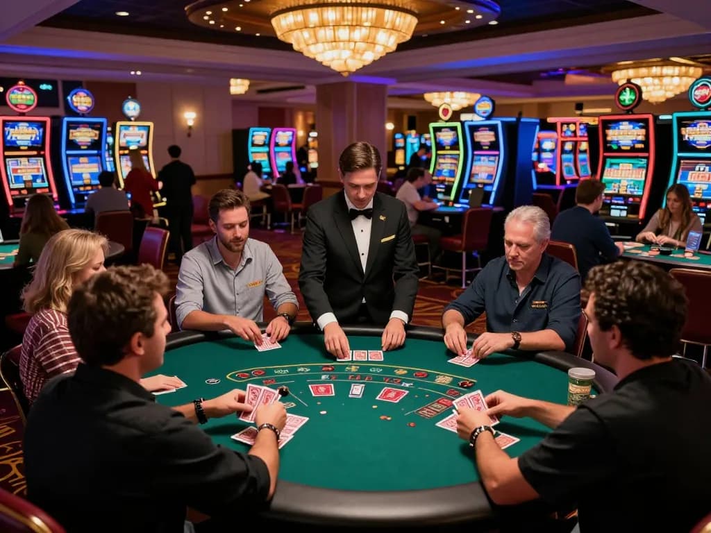 Engaged players at 23winy blackjack table, dealer shuffling cards in vibrant casino ambiance