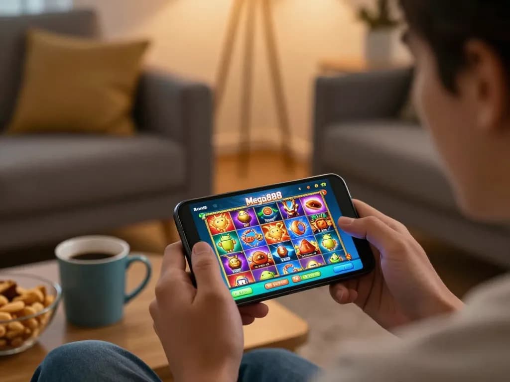 Engaging gameplay on smartphone while downloading mega888 apk for android in a cozy home setting.