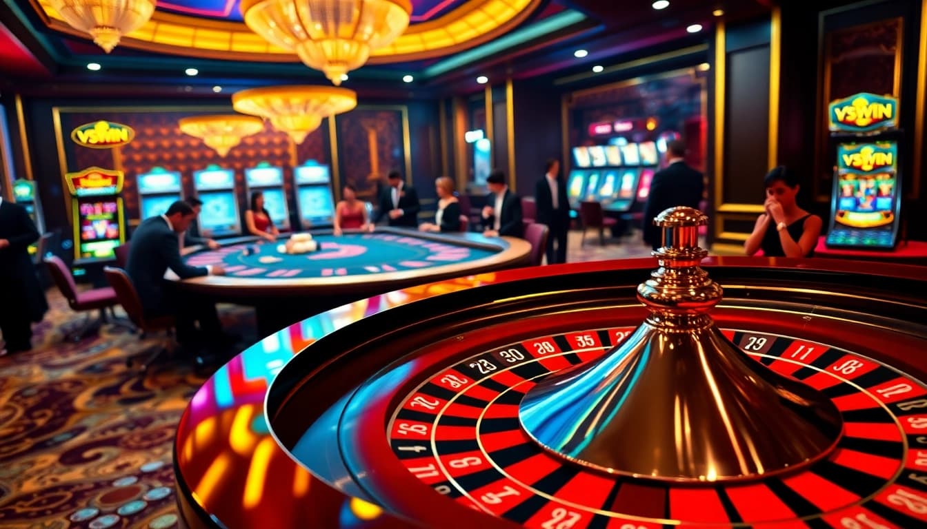 Winning excitement at VSWIN's luxurious casino with vibrant roulette and baccarat tables.