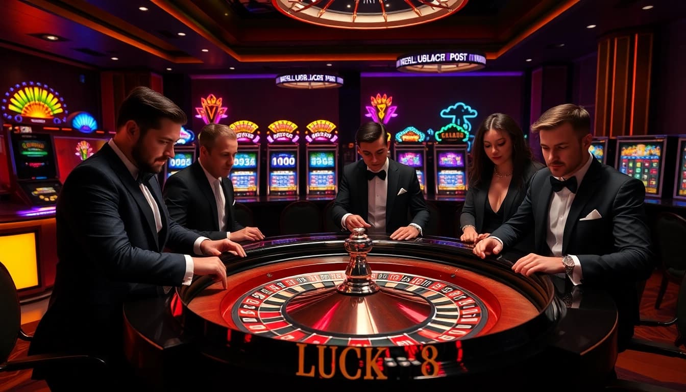 LUCK8 players engaging in high stakes at a luxurious roulette table in an elegant casino.