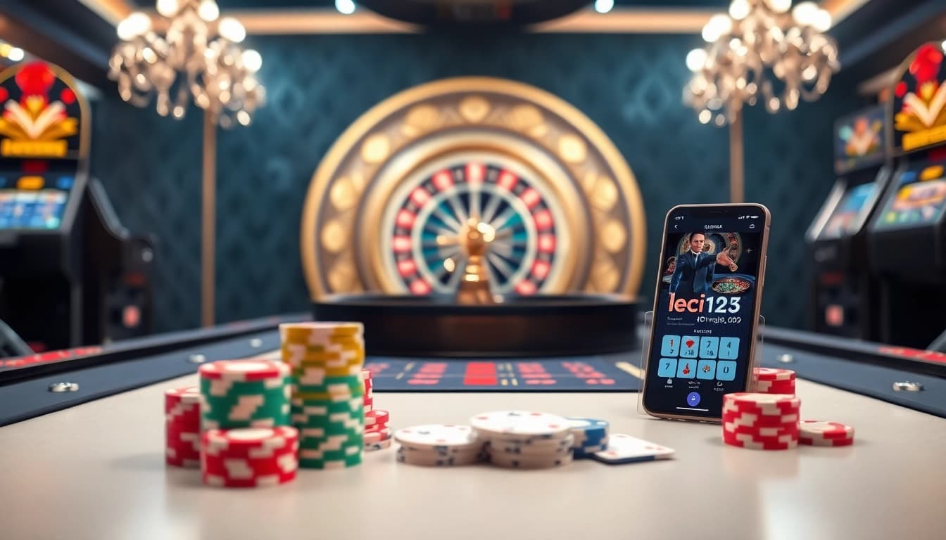 Experience thrilling online gaming with the leci123 app on your smartphone amidst luxury casino visuals.