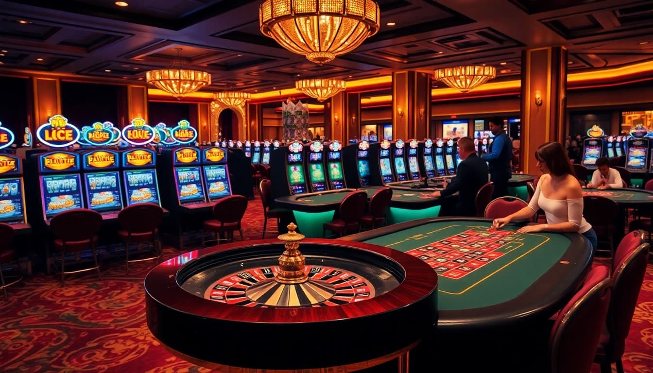 LC88 casino scene showcasing an exciting poker table and bright slot machines in a luxurious setting.