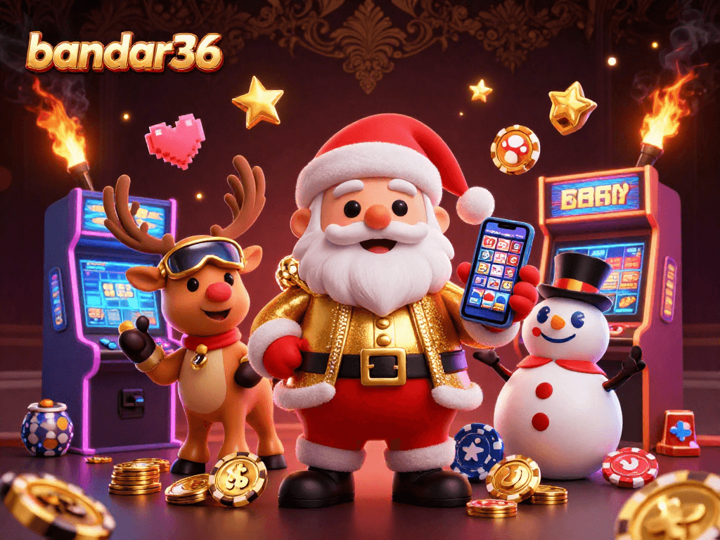 bandar36 menghadirkan Santa Claus ceria dengan teman-temannya di kasino 3D yang meriah