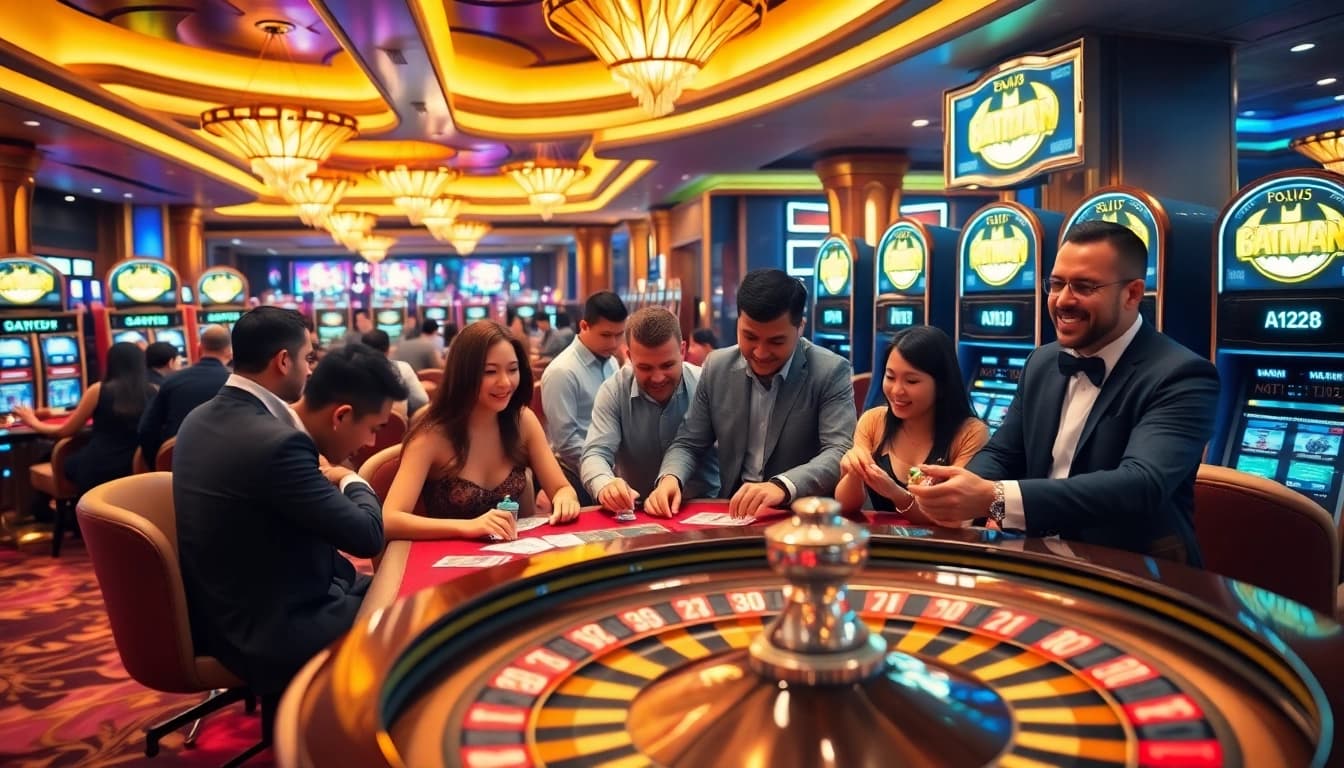 Players enjoying slot machines at the vibrant Batman138 casino, highlighting excitement and professionalism in gambling.