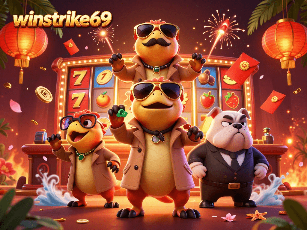 Join the fun at winstrike69 with raptors in a trench coat trying to enter a VIP casino lounge.