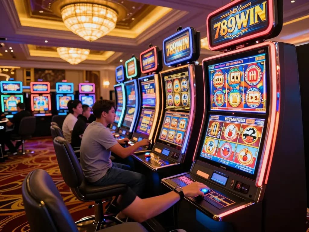 Experience the excitement at 789WIN with players engaging on lively slot machines at a vibrant casino.