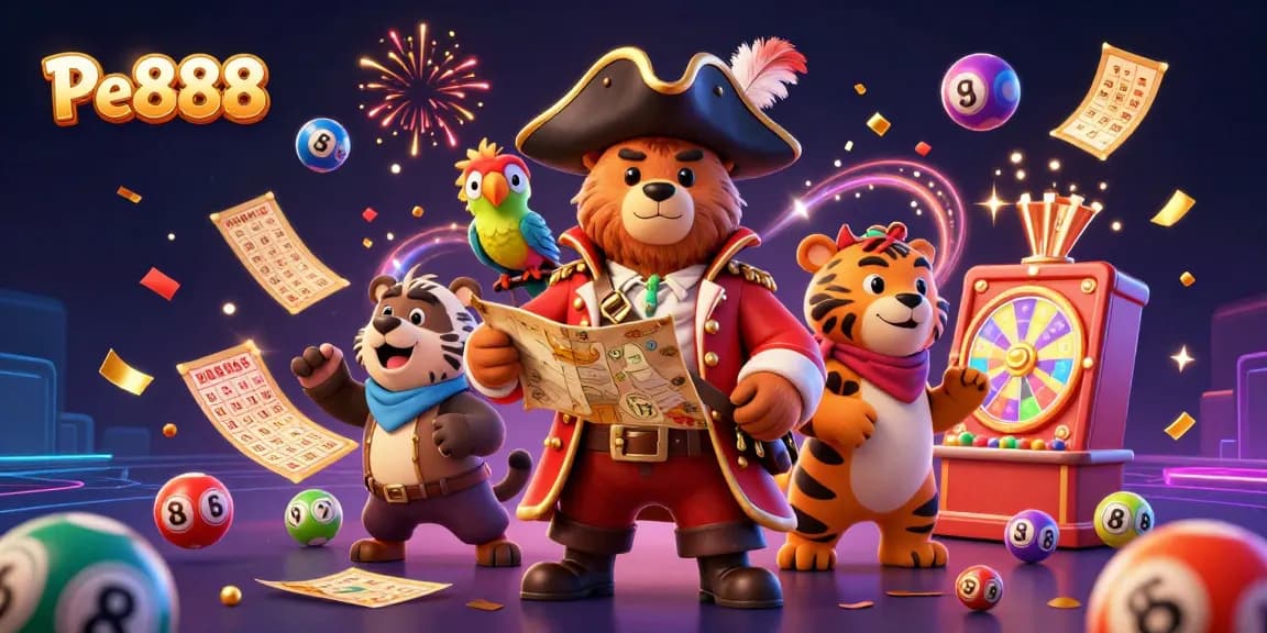 Experience the excitement of Pe888 as pirate captain bear and friends celebrate with casino games.
