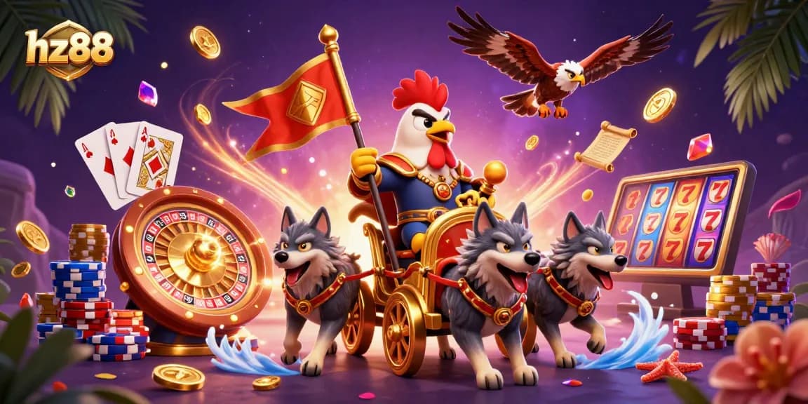 Engage with the thrilling world of hz88 featuring a rooster warlord amidst a dynamic casino scene.