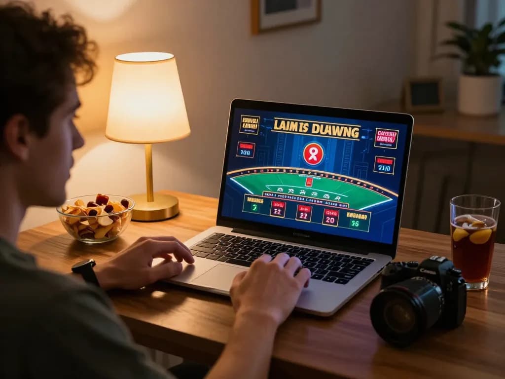 Player enjoying live blackjack on laptop at home, showcasing gen-e gaming experience with excitement.