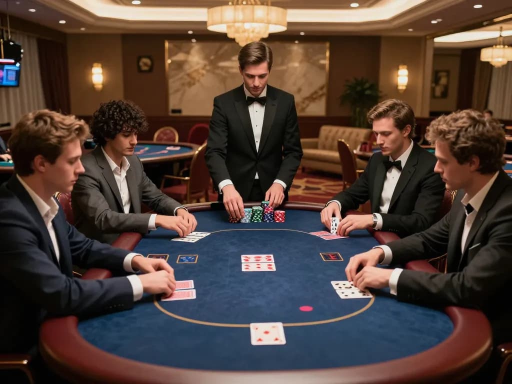 Kuwin players engaged in an intense poker game in a luxurious casino setting