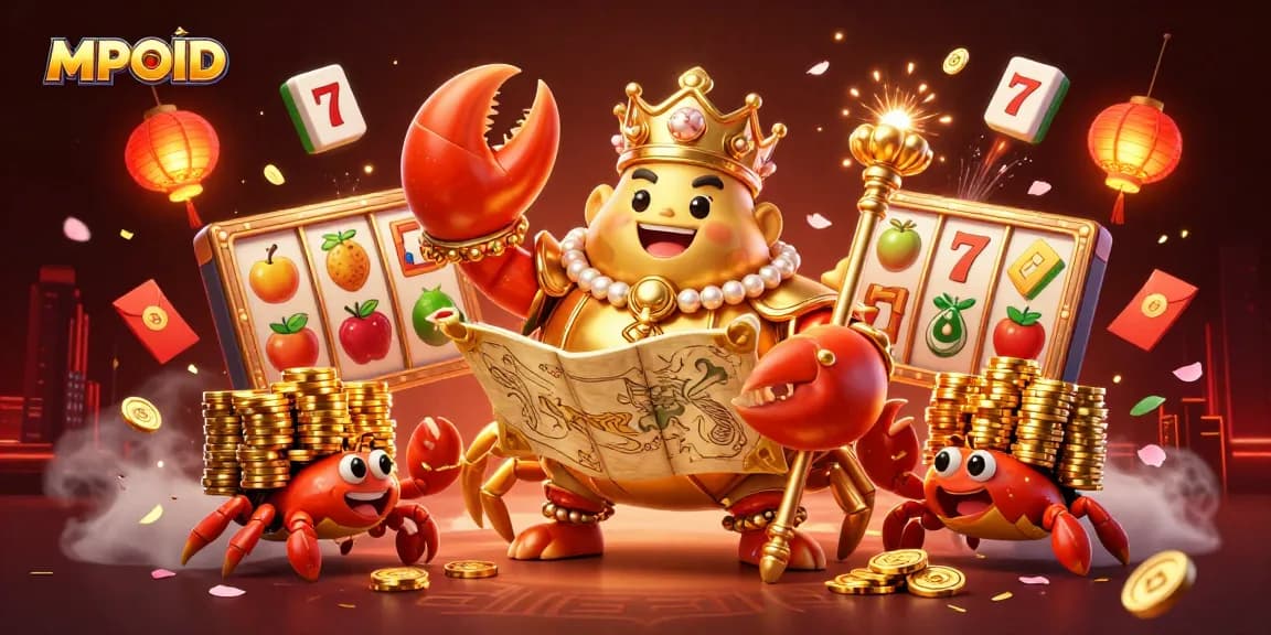 MPOID offers vibrant casino excitement with a golden crab emperor amidst floating slots and luck symbols.