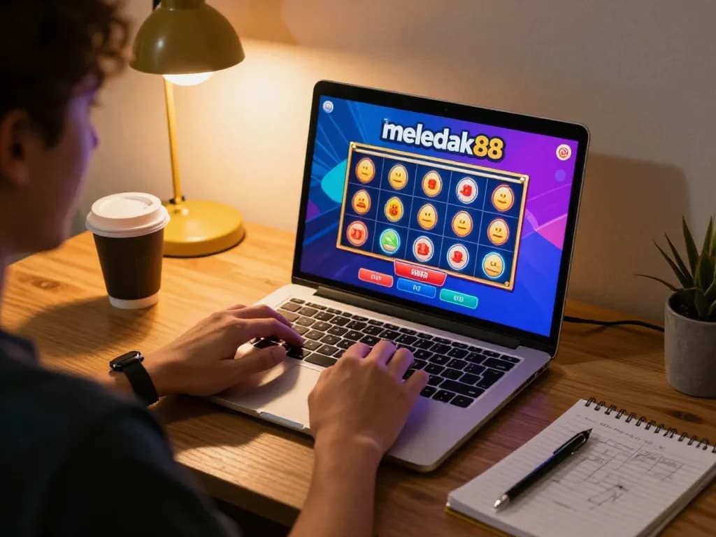 Sesi permainan online yang menarik untuk meledak88 dengan seseorang yang menikmati permainan kasino di laptop.