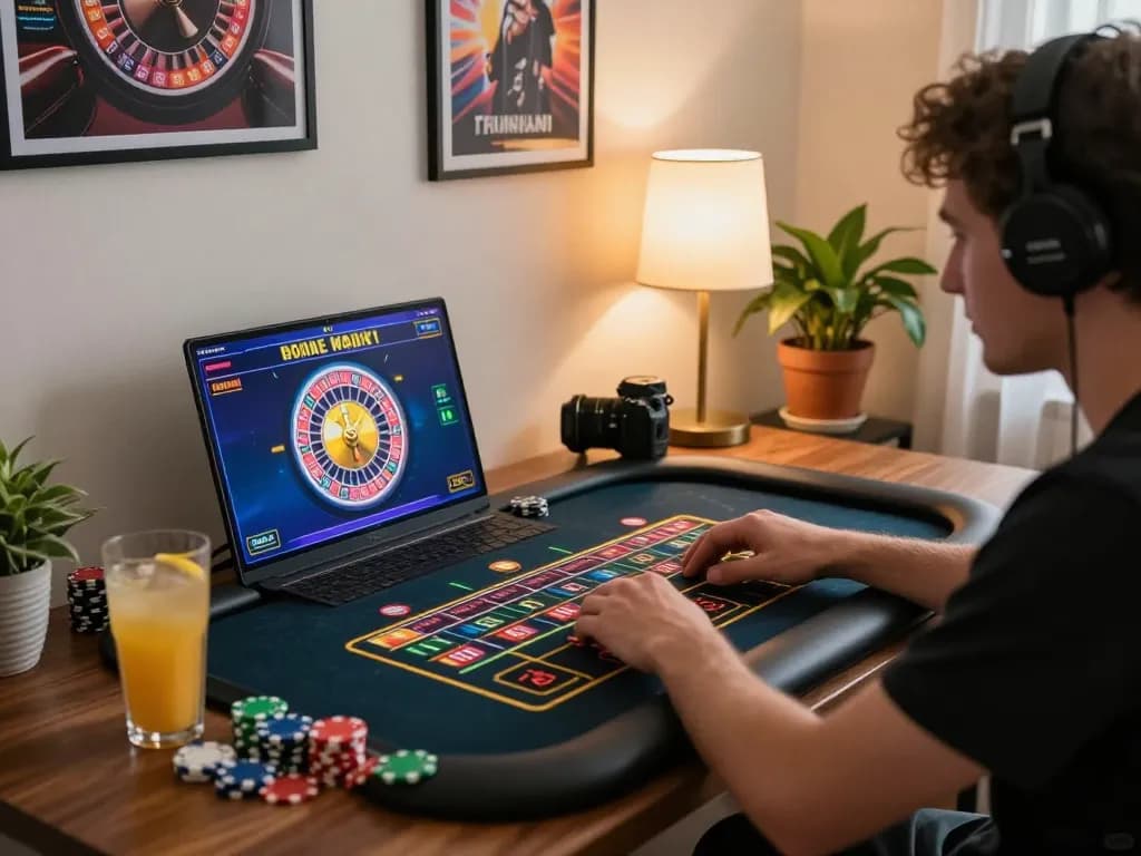 vin88 online gaming session at home with roulette gameplay on laptop and personal touch