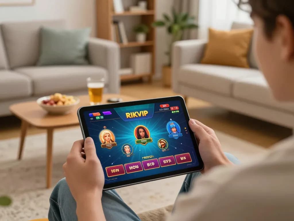 Player enjoying a game of rikvip on tablet while relaxing in a cozy living room