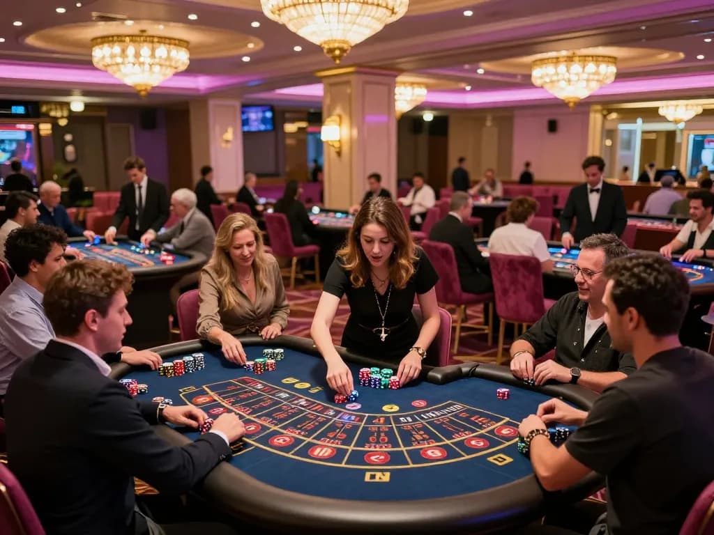 Xoso66 players enjoying high-stakes roulette at an upscale casino, showcasing excitement and strategic gameplay.