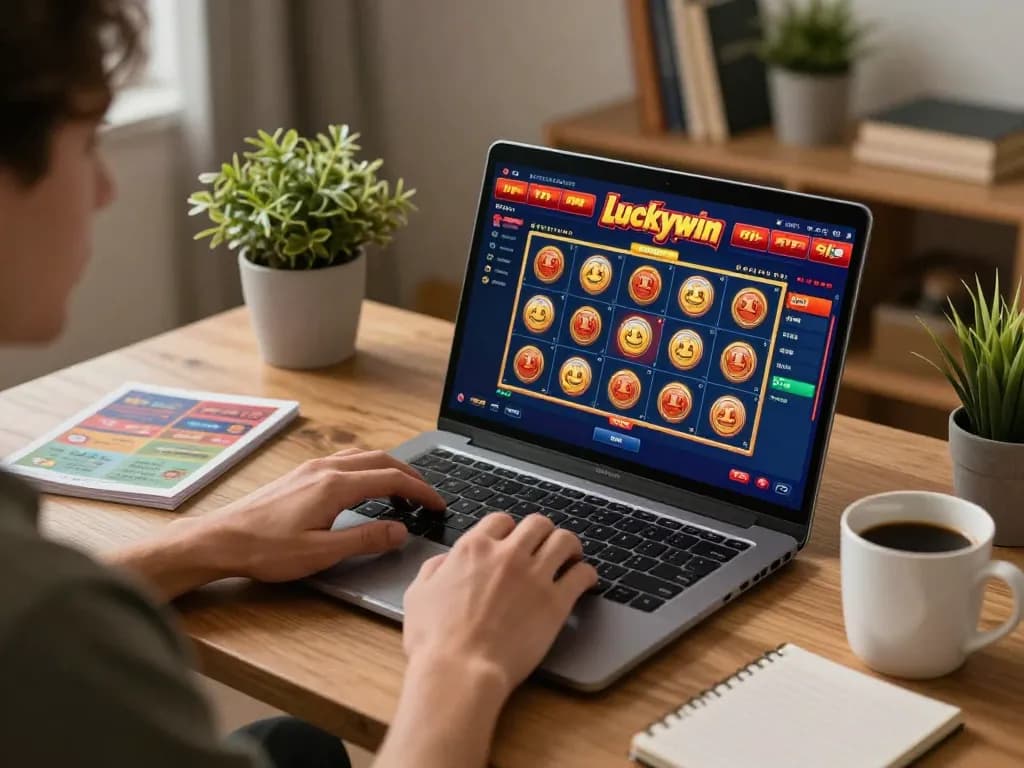 Player enjoying Luckywin online casino gaming experience at home, focused on spinning slot reels.
