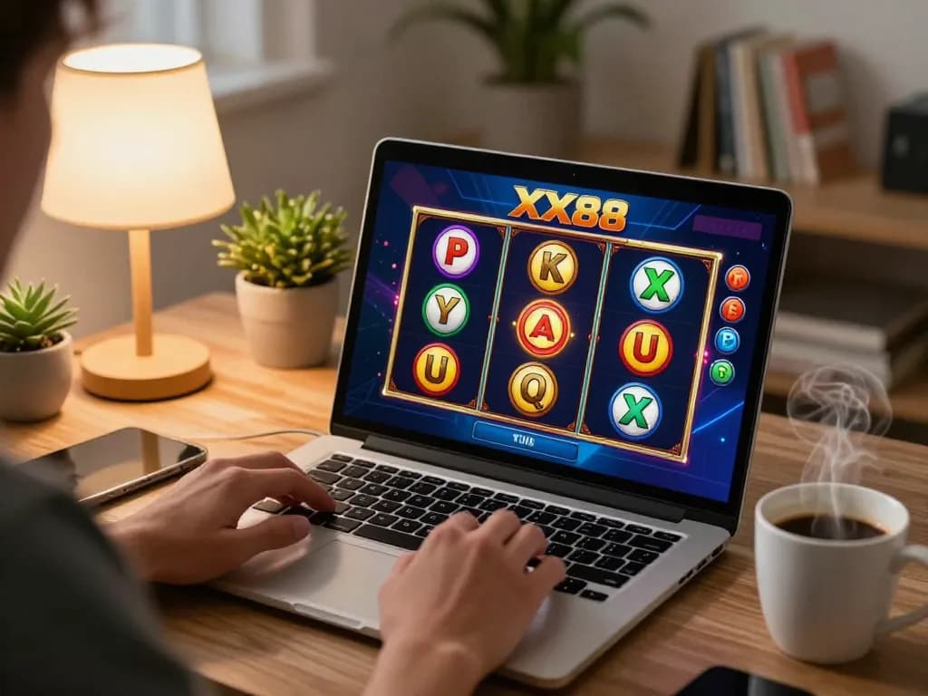 Engaging in slot gameplay on XX88’s platform, showcasing colorful reels and home comfort.