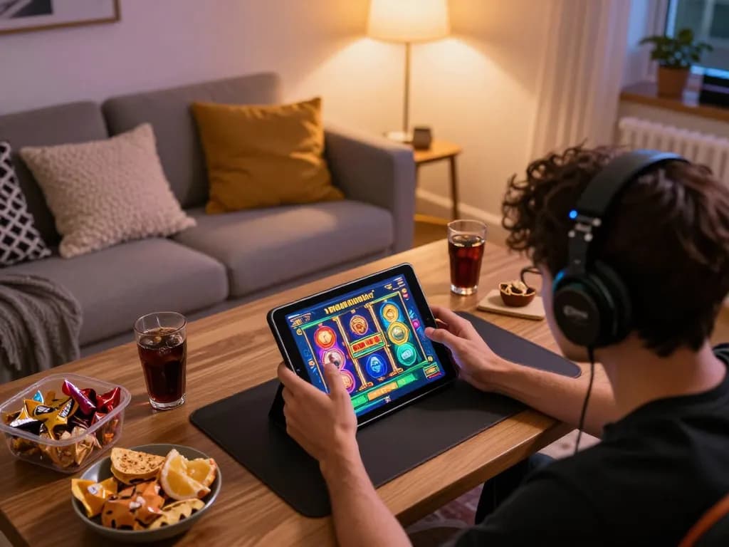 Player engaging with slot gacor game on tablet in a cozy home gaming setup, showcasing exciting gameplay.