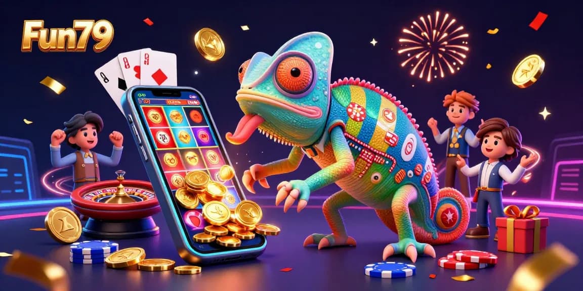 Engage with thrilling Fun79 casino action featuring a vibrant chameleon owner and exciting game elements.