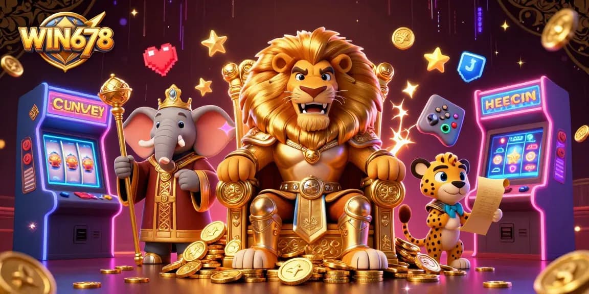 WIN678 showcases vibrant gaming elements with a fierce lion king and quick cheetah amidst rich casino visuals.