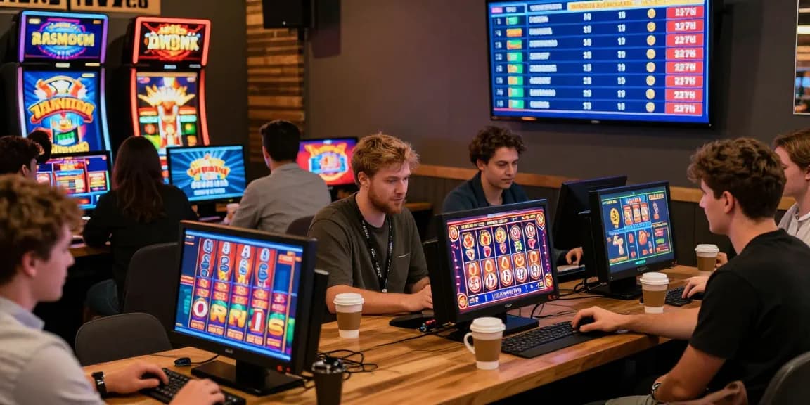 Excited players enjoying online casinos Australia in a lively café setting