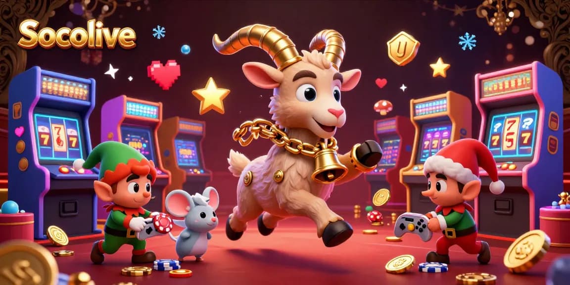Socolive engages players with a lively casino scene featuring Krampus and elves amidst colorful gaming elements.