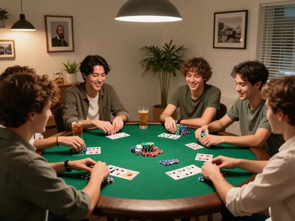 Friends at home enjoying a poker game while trying to win with rwin strategies, lively atmosphere.