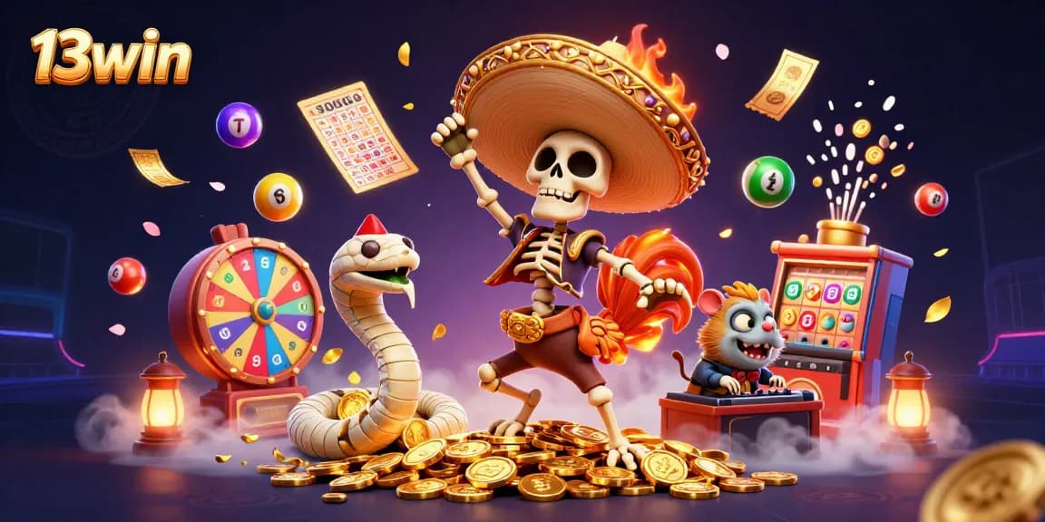 Experience the vibrance of 13win with an animated scene of lottery excitement and rich casino elements.