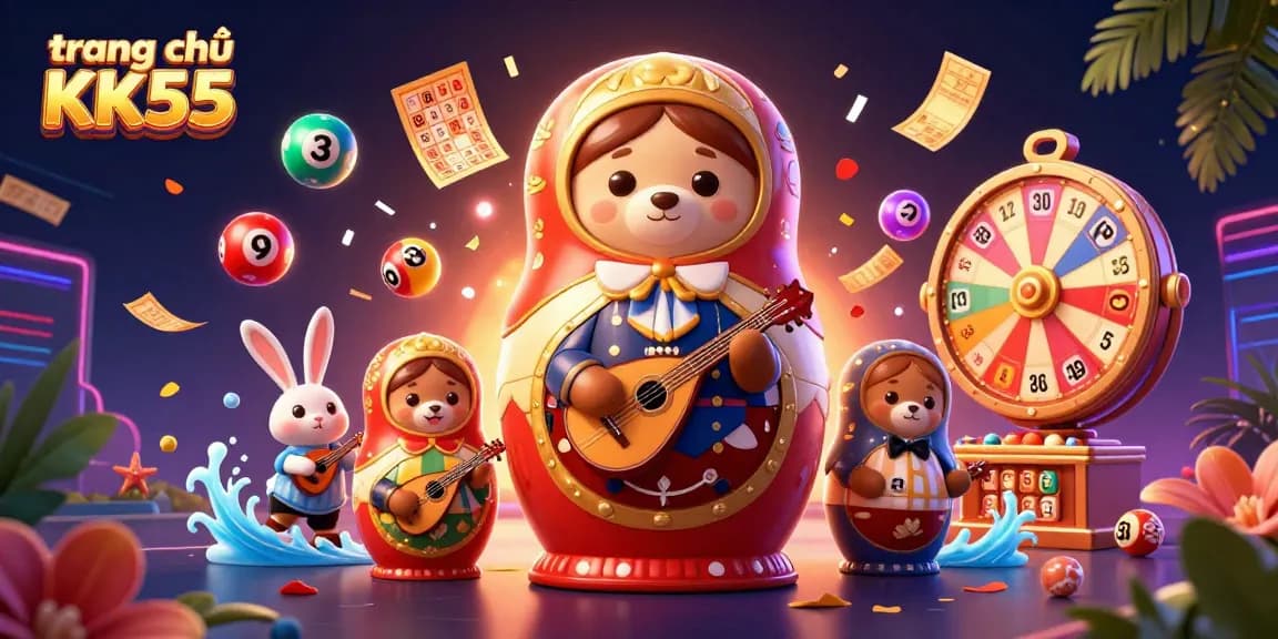Experience the exciting world of trang chủ KK55 with vibrant lottery elements and animated casino characters.